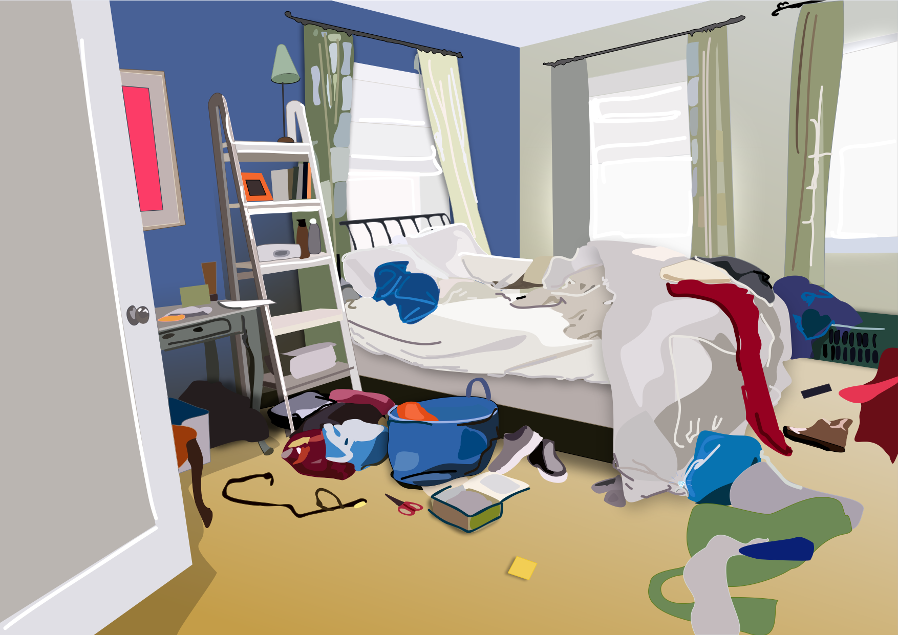 Can you spot the diamond ring hidden in all the mess in this bedroom?