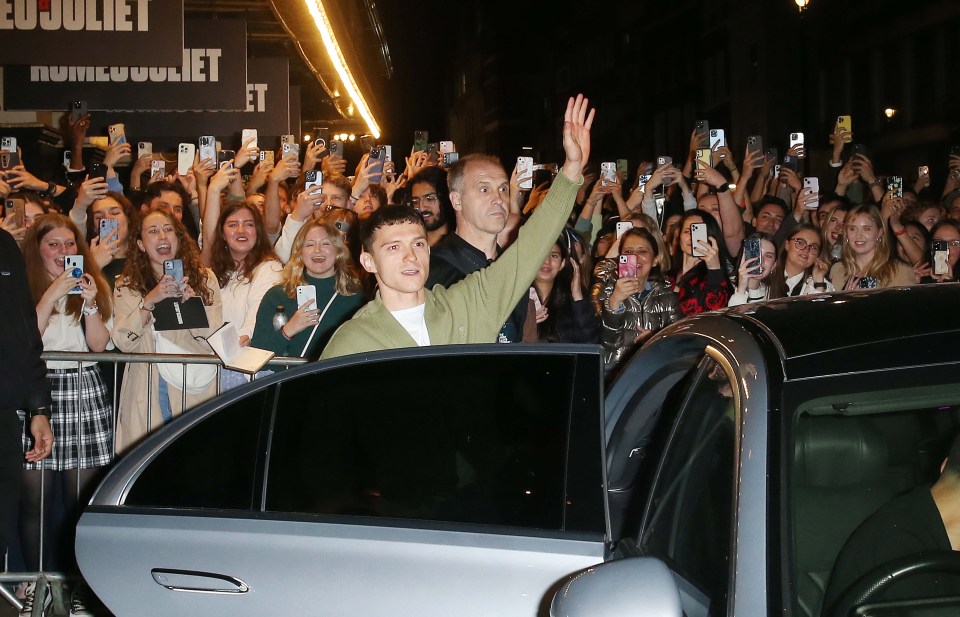 Tom Holland is seen leaving the stage door of The Duke Of York Theatre after another night performing in the hit West End show of Romeo & Juliet