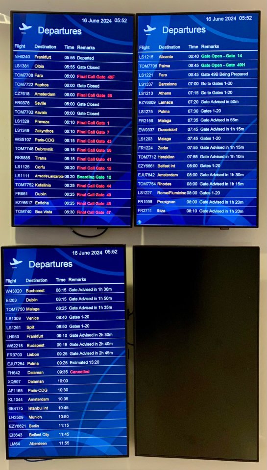 A board in departures, pictured here on June 16, showed 'final call' for a lot of flights