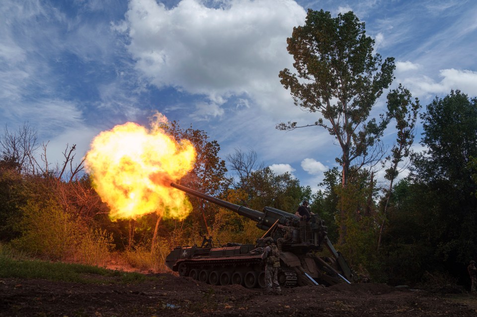 Ukrainian soldiers of 43rd artillery brigade fire towards Russian positions at the frontline in the Donetsk region of Ukraine