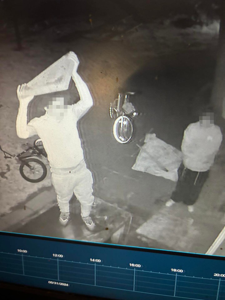 In one CCTV image, one vandal appears to pick up a paving slab to throw at the building