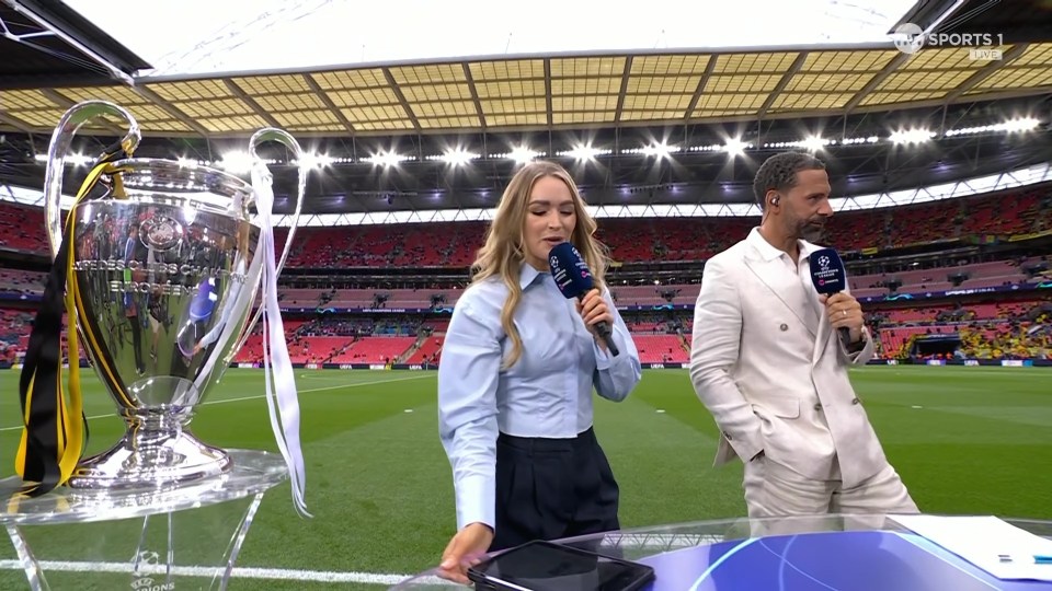 She is anchoring the programme alongside Rio Ferdinand, who rocked a bold suit