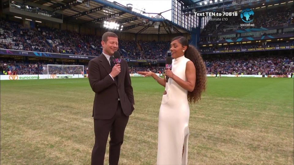 After Alex Scott and Dermot O'Leary presented in front of the brown turf