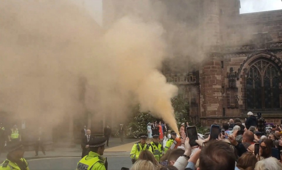 What appeared to be an orange fire extinguisher was let off by a member of the public outside the cathedral