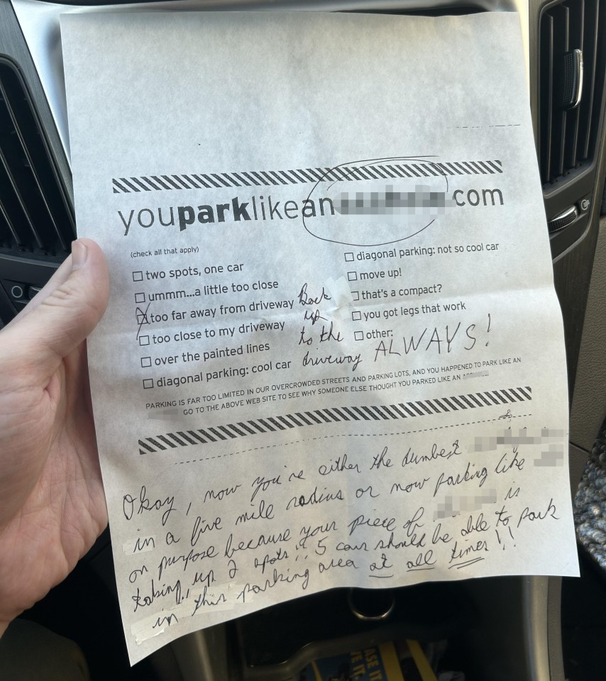 The motorist was allegedly handed a foul-mouthed note for his trouble