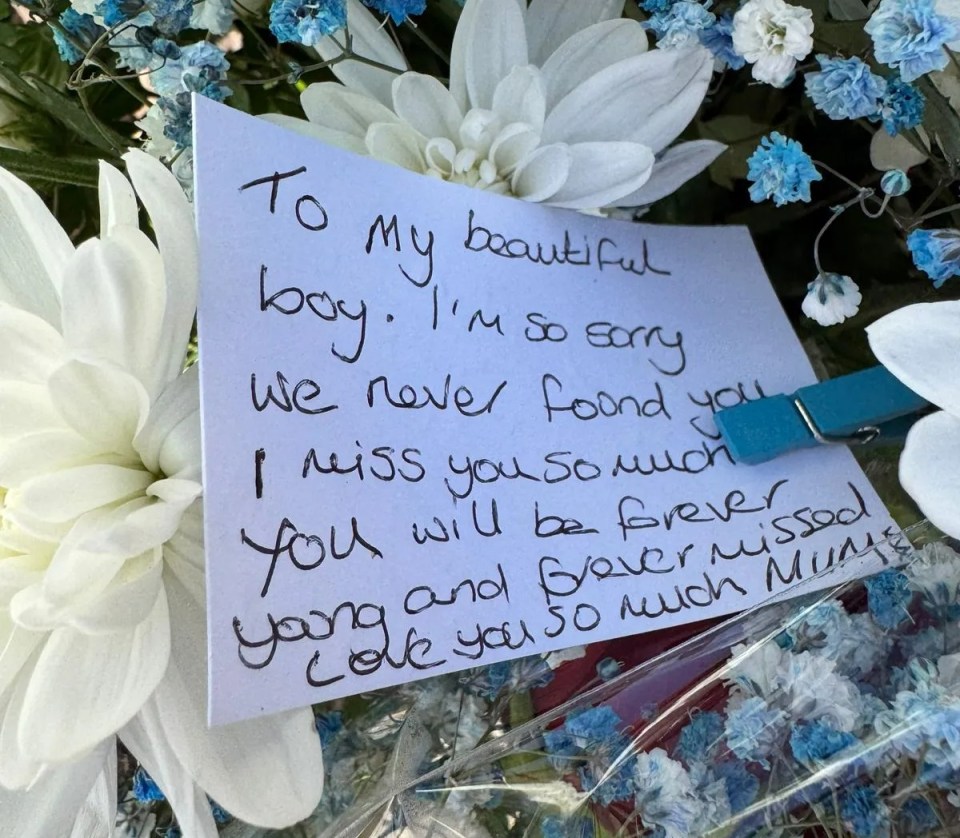 a handwritten note to a boy says " to my beautiful boy i 'm so sorry we never found you "