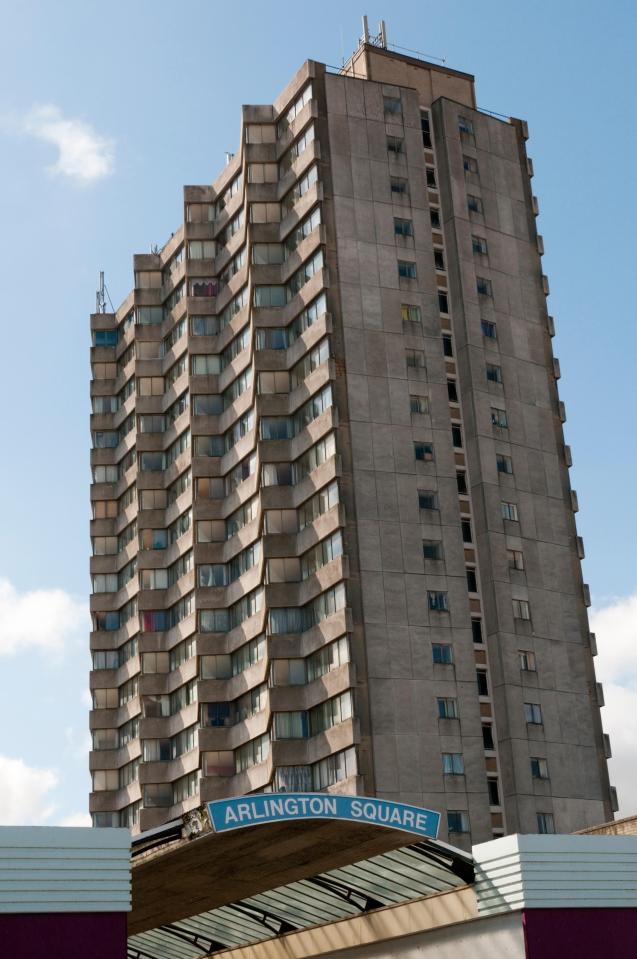 Arlington House is a 1960s brutalist tower block which sits above the arcade