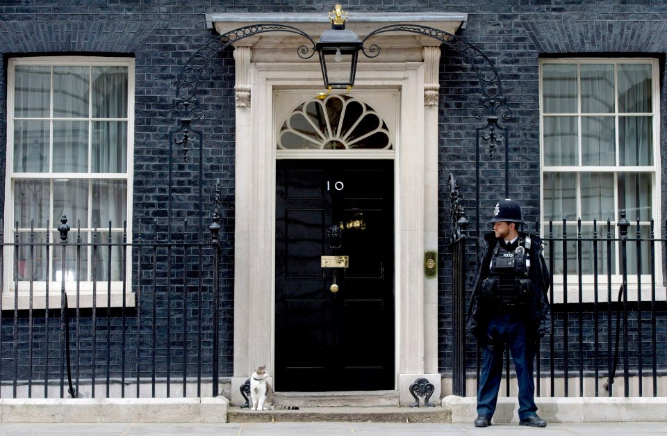 a police officer stands in front of a black door with the number 10 on it