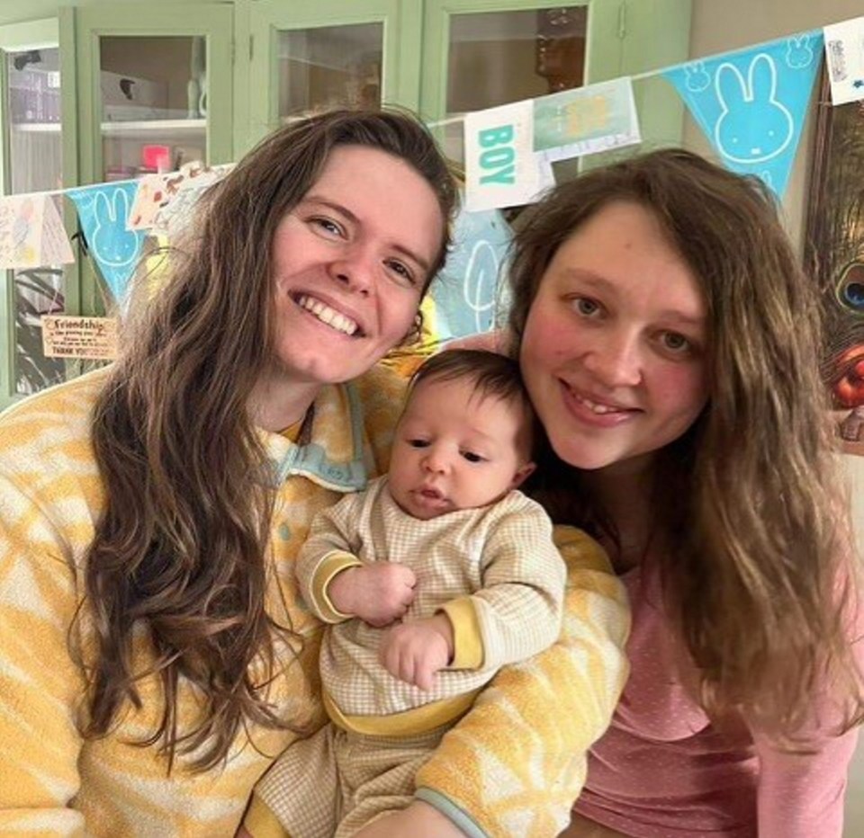 Adam's sister Jade, 29 and her wife Eefje, 30, with their baby