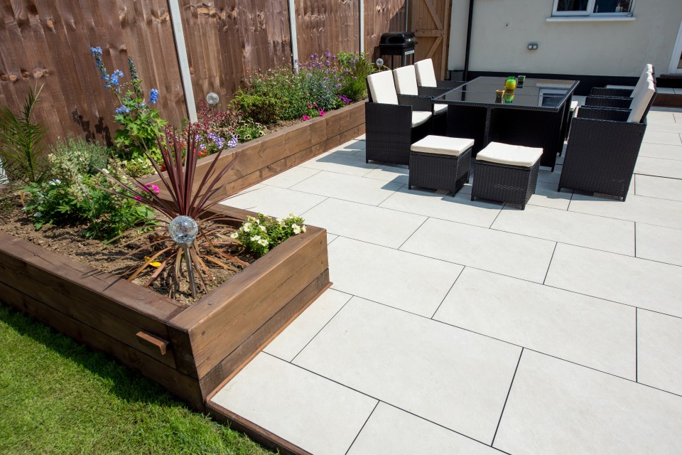 A pristine back garden with clean patio slabs