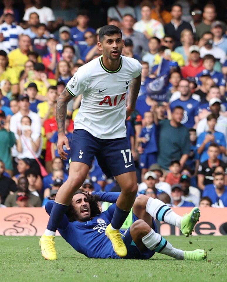 Cucurella reacts after having his hair pulled by Romero as VAR left it unchecked