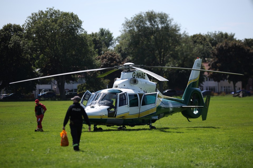 a g-whale helicopter is parked in a grassy field