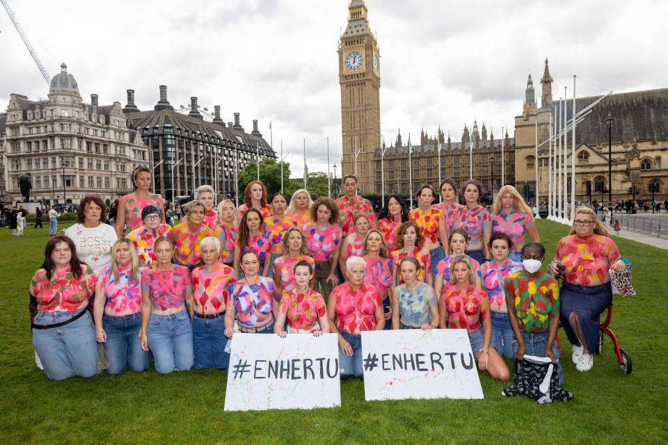 A group of 31 women campaigned outside Westminster for the breast cancer drug Enhertu