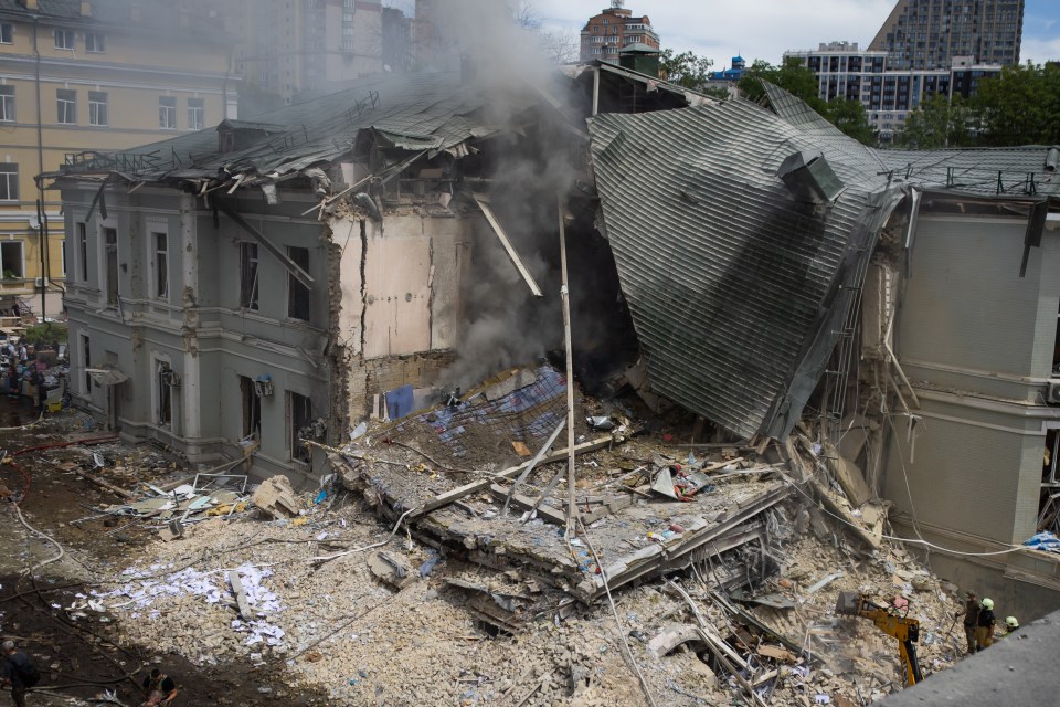 The devastating aftermath of a children's hospital that was struck by Putin's barrage of missiles on Monday