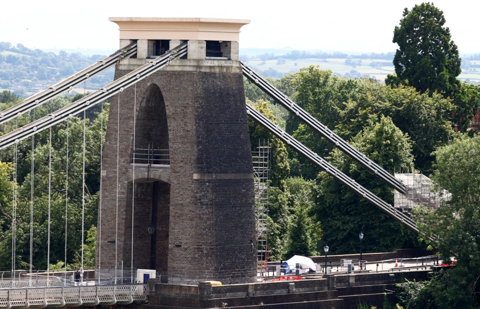 A forensic tent on Clifton Suspension Bridge after a suitcase full of human remains was found