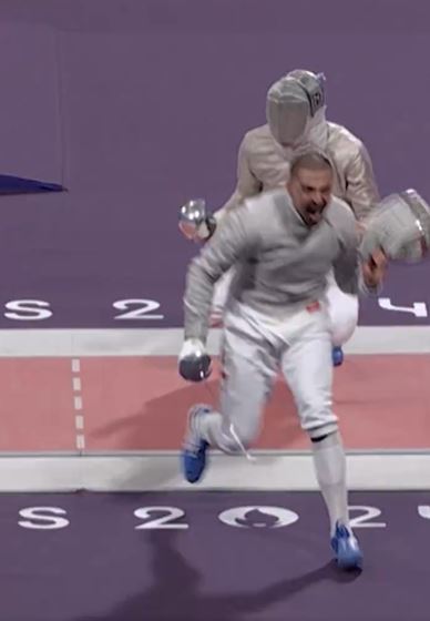 Both Sandro Bazadze and Mohamed Amer screamed in apparent celebration at the end of their fencing duel