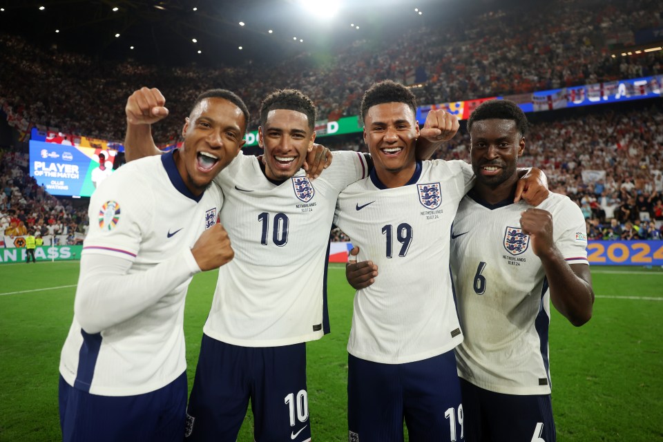 Ezri Konsa, Jude Bellingham, Ollie Watkins and Marc Guehi celebrate victory over the Netherlands, leaving England with just Spain to come