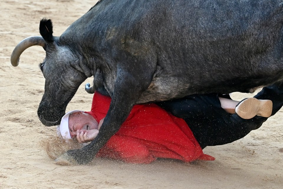 One man was almost crushed by a fighting bull inside the ring at the festival