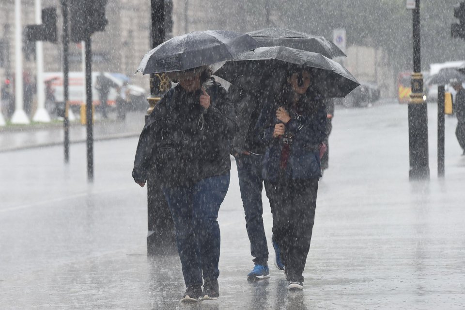 People shelter under umbrellas in central London earlier this month