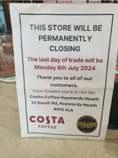 The Costa Coffee store in The Martlets, Burgess Hill, is closing its doors for trade today