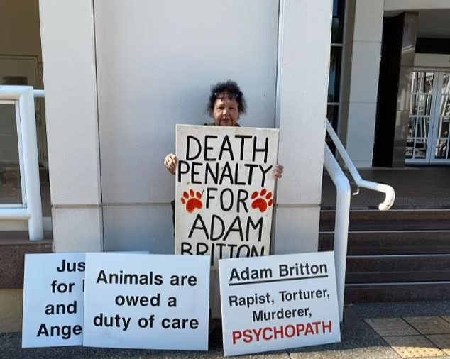 A woman outside the Supreme Court with signs directed at the disgraced Brit