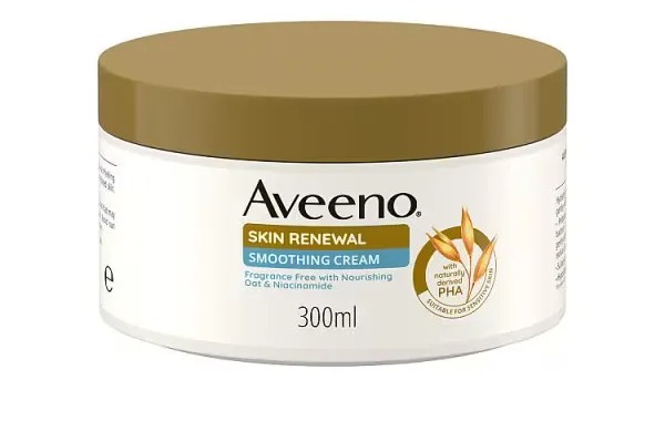 Aveeno Skin Renewal smoothing cream contains gently exfoliating PHAs to hydrate skin without clogging pores