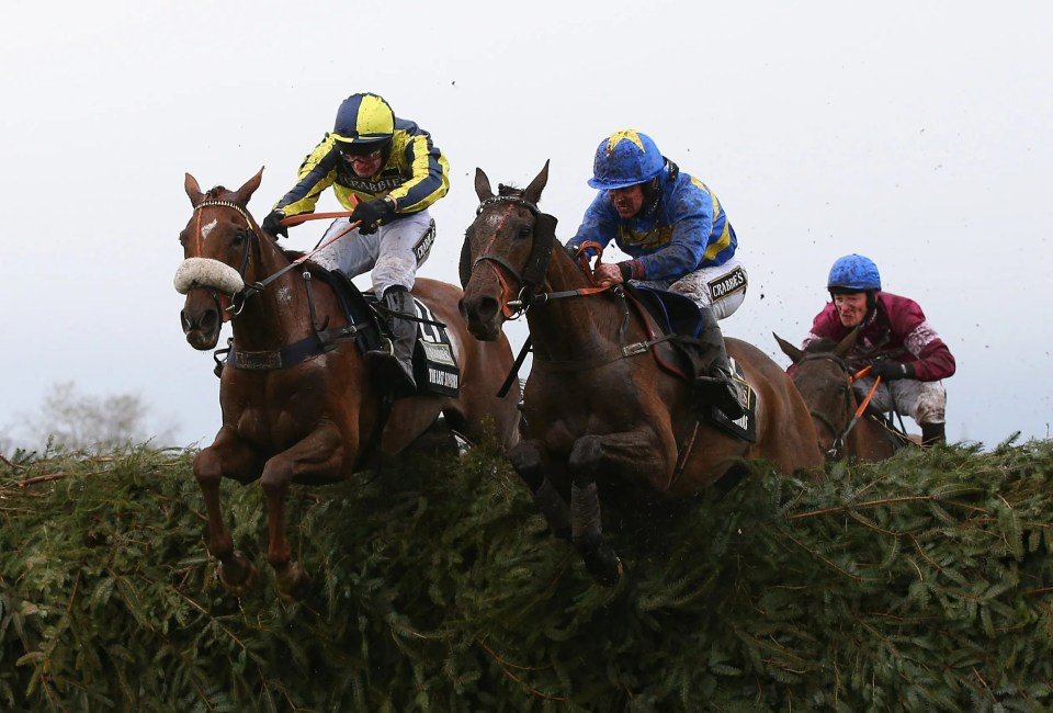 The Last Samuri, left, in the Rooneys' famous blue and yellow silks, finishes second in the 2016 Grand National