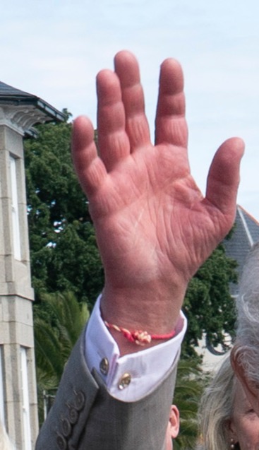 King Charles' bracelet appears to be made from white and red thread that has been entwined