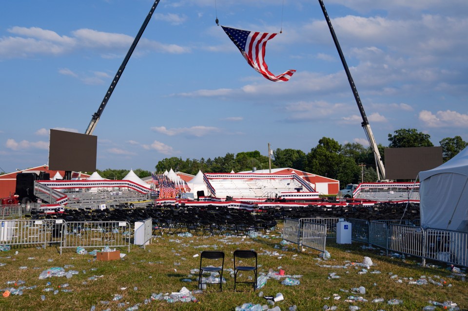 The destroyed rally site after chaos erupted on Saturday