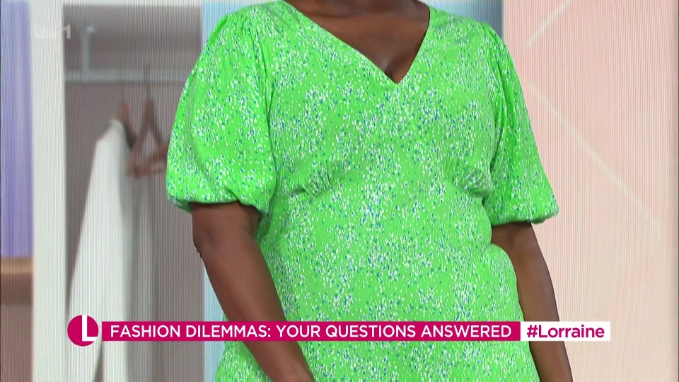 a woman wearing a green dress with the words fashion dilemmas your questions answered