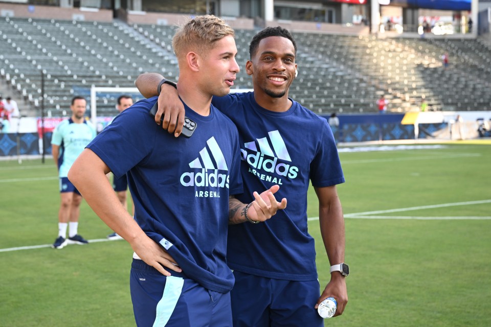 CARSON, CALIFORNIA - JULY 24: Emile Smith Rowe #10 and Jurrien Timber #12 of Arsenal FC interact prior to the game against AFC Bournemouth at Dignity Health Sports Park on July 24, 2024 in Carson, California. (Photo by Stuart MacFarlane/Arsenal FC via Getty Images)