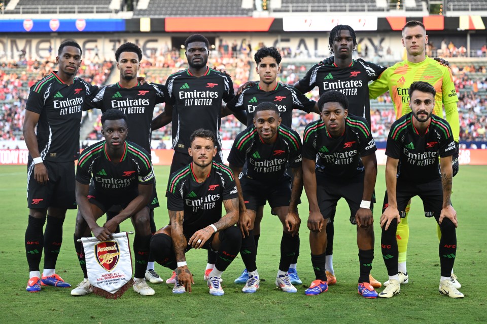 CARSON, CALIFORNIA - JULY 24: The starting XI of Arsenal FC pose prior to the match against AFC Bournemouth at Dignity Health Sports Park on July 24, 2024 in Carson, California. (Photo by Stuart MacFarlane/Arsenal FC via Getty Images)