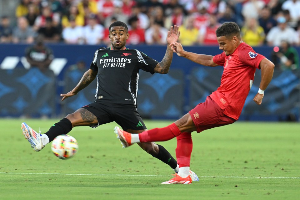 CARSON, CALIFORNIA - JULY 24: Reiss Nelson #24 of Arsenal defends Max Aarons #37 of AFC Bournemouth during the first half at Dignity Health Sports Park on July 24, 2024 in Carson, California. (Photo by Stuart MacFarlane/Arsenal FC via Getty Images)