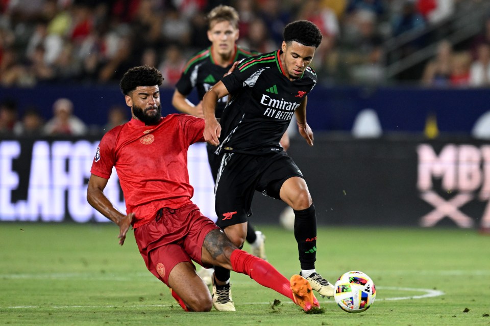 CARSON, CALIFORNIA - JULY 24: Ethan Nwaneri #53 of Arsenal and Philip Billing #29 of Bournemouth battle for the ball during the second half against AFC Bournemouth at Dignity Health Sports Park on July 24, 2024 in Carson, California. (Photo by Stuart MacFarlane/Arsenal FC via Getty Images)