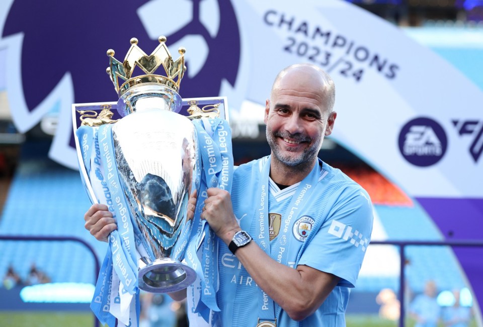 MANCHESTER, ENGLAND - MAY 19: Pep Guardiola the manager of Manchester City poses with the Premier League trophy after the Premier League match between Manchester City and West Ham United at Etihad Stadium on May 19, 2024 in Manchester, England. (Photo by Alex Livesey - Danehouse/Getty Images)