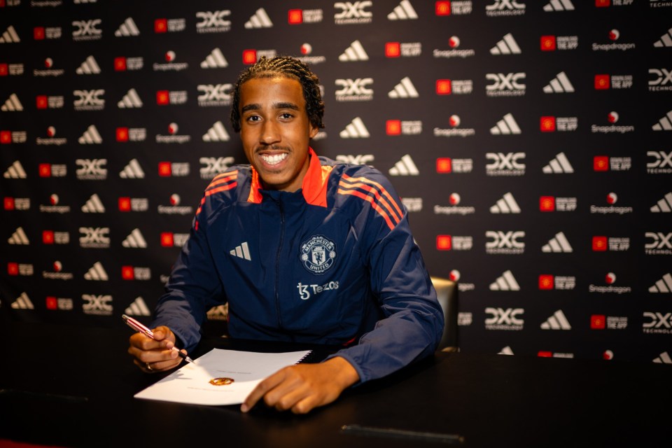 MANCHESTER, ENGLAND - JULY 18: (EXCLUSIVE COVERAGE) Leny Yoro of Manchester United poses after signing for the club at Carrington Training Ground on July 18, 2024 in Manchester, England. (Photo by Manchester United/Manchester United via Getty Images)