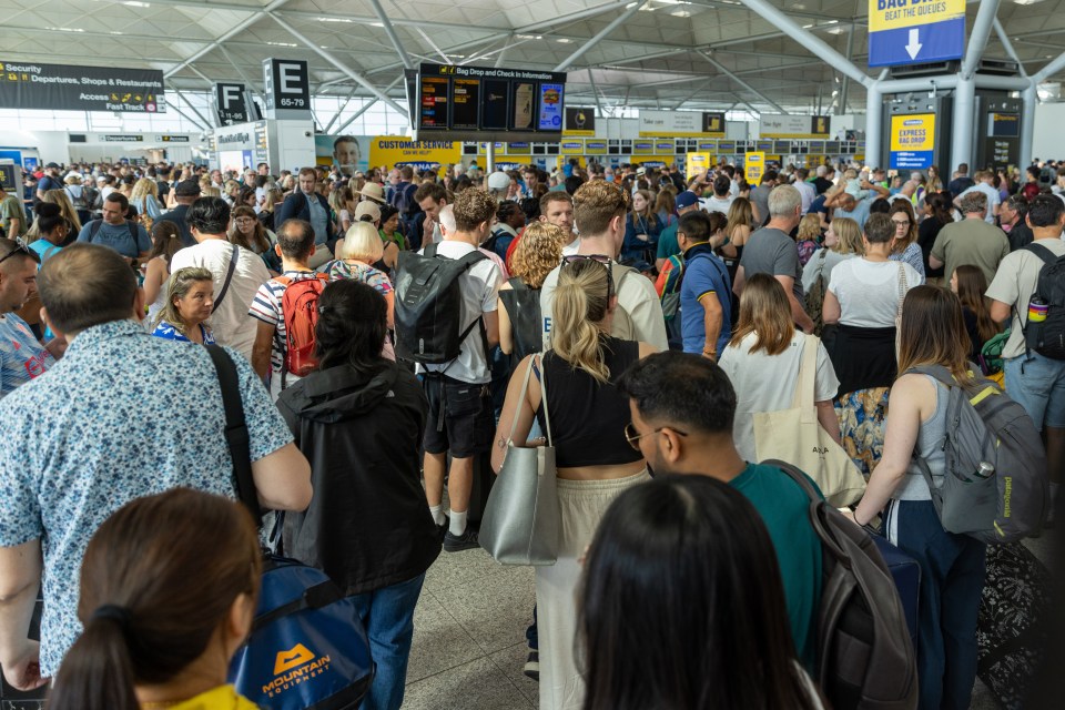 Thousands of holidaymakers queuing at Stansted Airport this morning after check-ins were done manually due to mass IT outages