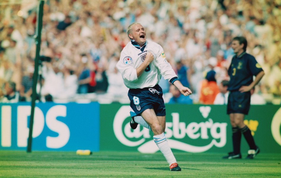 LONDON, UNITED KINGDOM - JUNE 15: England player Paul Gascoigne celebrates after scoring the second goal during the European Championship Finals group match between England and Scotland at Wembley, on June 15 1996 in London, England. England won the match 2-0. (Photo by Stu Forster/Getty Images)