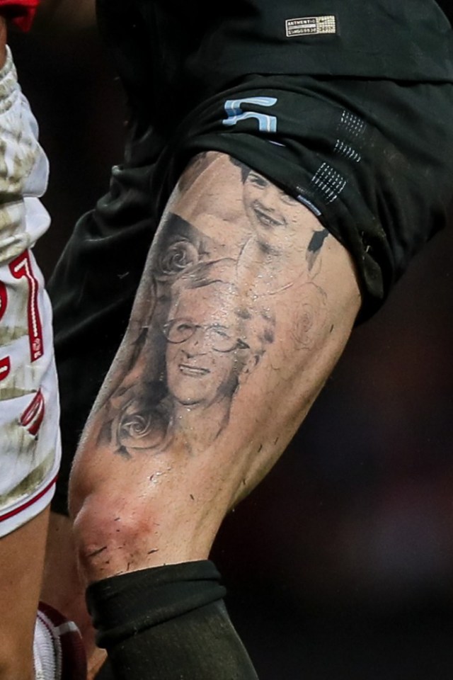 BRISTOL, ENGLAND - JANUARY 23: A tattoo is seen on the thigh of John Stones of Manchester City during the Carabao Cup Semi-Final: Second Leg between Bristol City and Manchester City at Ashton Gate on January 23, 2018 in Bristol, England. (Photo by Matthew Ashton - AMA/Getty Images)