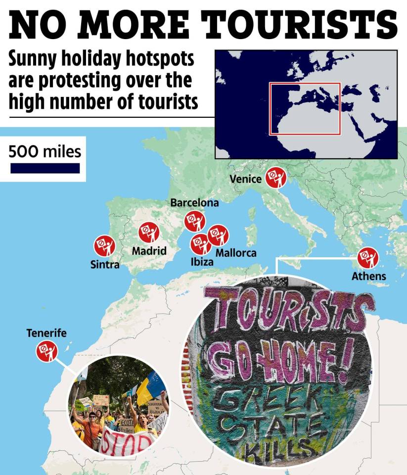 a map showing sunny holiday hotspots are protesting over the high number of tourists