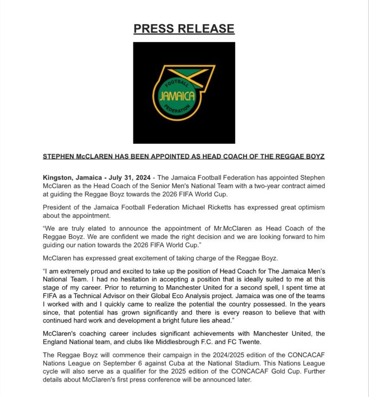 stephen mclaren has been appointed as head coach of the reggae boyz