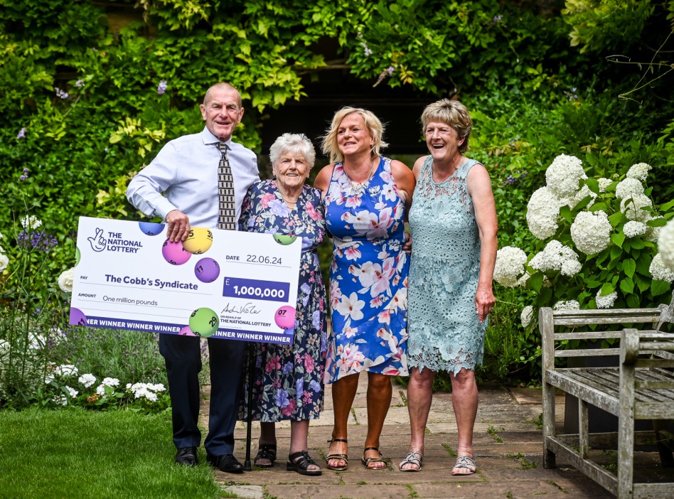 Undated handout photo issued by the National Lottery of lottery winners Audrey Cobb (second left), 87, and her three children David Cobb, 67, Carol Nobbs, 55 and 60-year-old Sandra Digby (right), have each won a share of ¿1,000,000 after they matched five main numbers and the Bonus Ball in the draw on Saturday June 22. The family that has played the same lottery numbers since forming a syndicate at a Christmas get together in 1994 is celebrating their ¿1,000,000 win. Issue date: Wednesday July 24, 2024. PA Photo. See PA story LOTTERY Peterborough. Photo credit should read: National Lottery /PA Wire NOTE TO EDITORS: This handout photo may only be used in for editorial reporting purposes for the contemporaneous illustration of events, things or the people in the image or facts mentioned in the caption. Reuse of the picture may require further permission from the copyright holder.