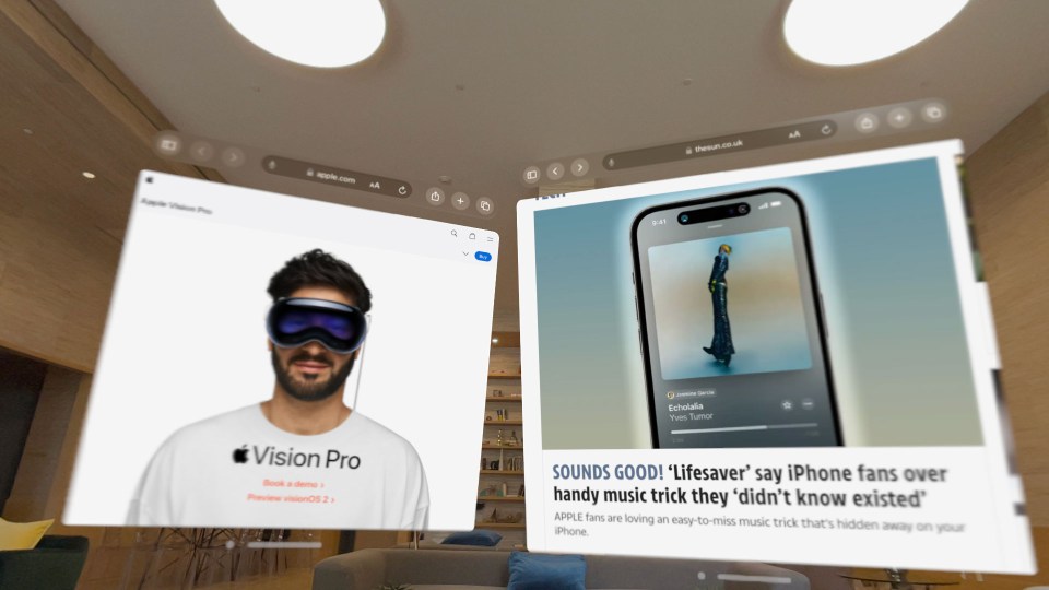 The headset puts iPhone-style windows all around you, floating over the real world