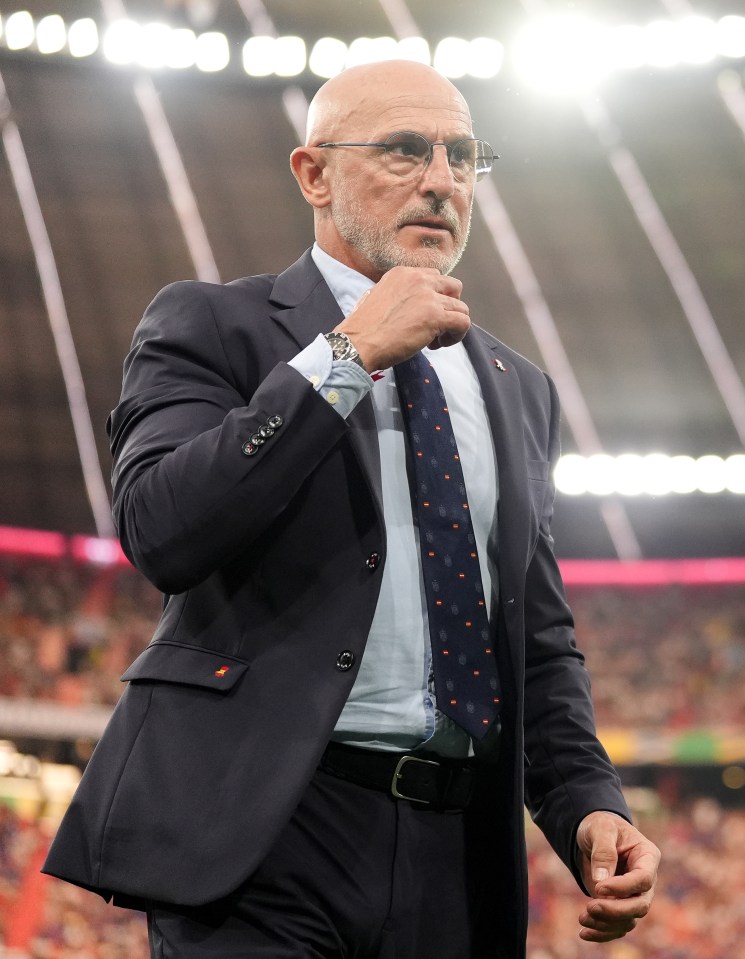 a man in a suit and tie stands on a soccer field