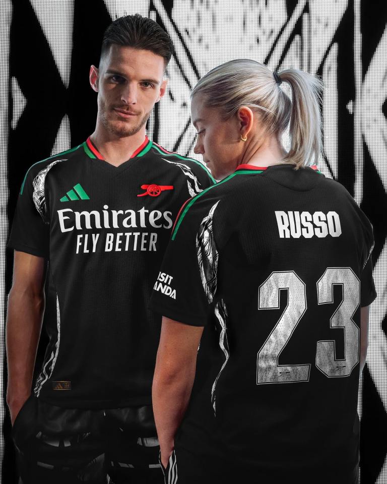 Declan Rice and Alessia Russo wear the new Arsenal away shirts