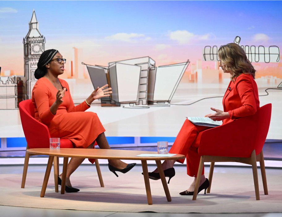 For use in UK, Ireland or Benelux countries only BBC handout photo of Business secretary Kemi Badenoch (left) appearing on the BBC1 current affairs programme, Sunday with Laura Kuenssberg. Issue date: Sunday January 28, 2024. PA Photo. Photo credit should read: Jeff Overs/BBC/PA Wire NOTE TO EDITORS: Not for use more than 21 days after issue. You may use this picture without charge only for the purpose of publicising or reporting on current BBC programming, personnel or other BBC output or activity within 21 days of issue. Any use after that time MUST be cleared through BBC Picture Publicity. Please credit the image to the BBC and any named photographer or independent programme maker, as described in the caption.