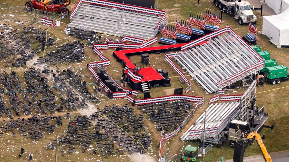 An aerial view shows the site during the police investigation into gunfire at a campaign rally of Republican presidential candidate and former U.S. President Donald Trump, in Butler, Pennsylvania, U.S. July 14, 2024. REUTERS/Brendan McDermid