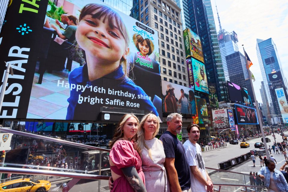 The Roussos family and The Sun pay tribute to Saffie-Rose on a special Times Square billboard