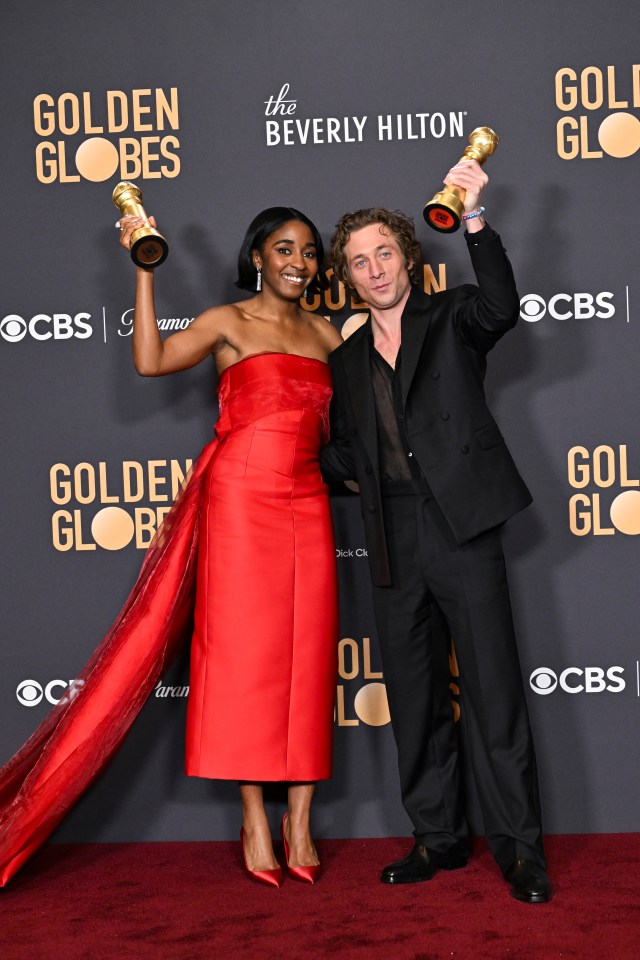 Ayo Edebiri and Jeremy Allen White attending the 81st Golden Globe Awards on January 7, 2024 in Beverly Hills, California