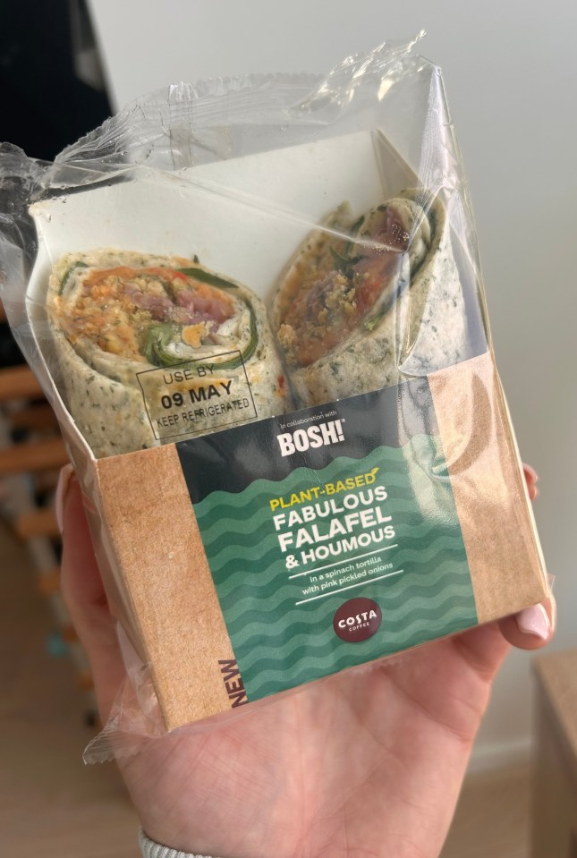 The wrap contains a spinach and pine kernel falafel with spiced sauce